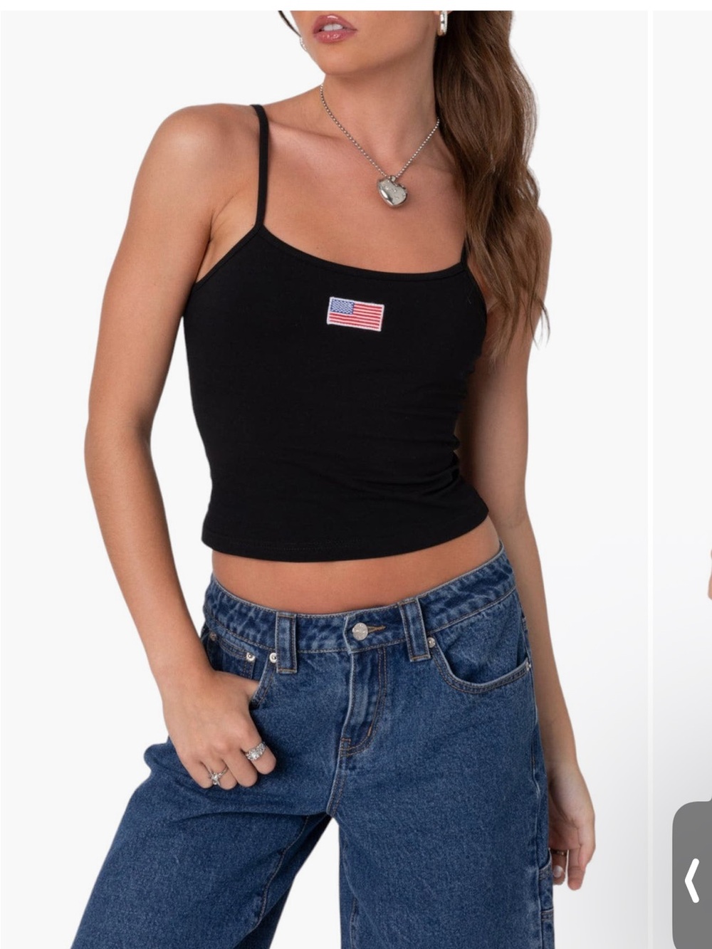 Edikted Black Spaghetti-Strap Crop Tank with American Flag Patch